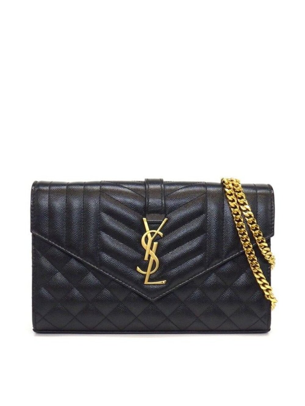 Saint Laurent Shoulder Bag Envelope Small Black Grained Poodle Leather Gold